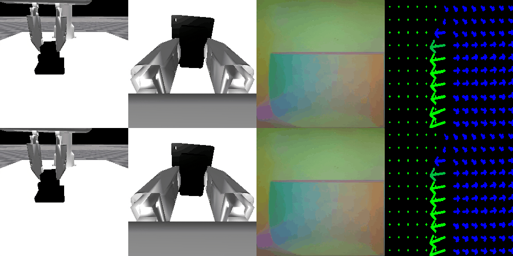 World model jointly generating front, wrist, tactile RGB, and tactile force field vs the classical simulator.